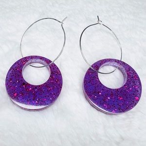 Purple Glitter Resin Round Ring Pendant Hoop Earrings